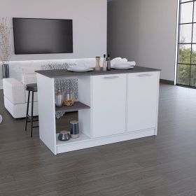 Coral Kitchen Island with Large Countertop, Open Storage Shelves and Double Door Cabinet (Color: White / Onyx, Material: Manufactured Wood)