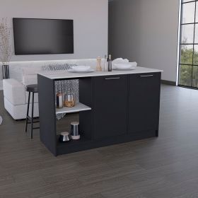 Coral Kitchen Island with Large Countertop, Open Storage Shelves and Double Door Cabinet (Color: Black / Onyx, Material: Manufactured Wood)
