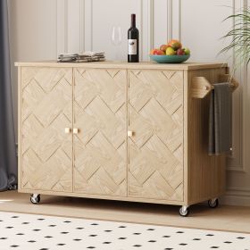 51.2"W Ash Veneer Solid Wood Handwoven Kitchen Island with Drop Leaf, Coastal Kitchen Island on Wheels with Internal Storage Rack (Color: Natural Wood, Material: MDF,Pine)