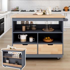 Rolling Kitchen Island with Storage, Two-sided Kitchen island Cart on Wheels with RubberWood Top,Wine and Spice Rack (Color: Blue, Material: Solid Wood)
